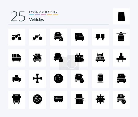 Téléchargez les illustrations : Vehicles 25 Solid Glyph icon pack including tram. air. van. lift truck. forklift - en licence libre de droit