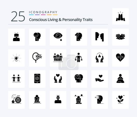 Téléchargez les illustrations : Concious Living And Personality Traits 25 Solid Glyph icon pack including melancholy. grief. life. depression. eye - en licence libre de droit