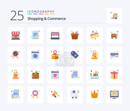 Téléchargez les illustrations : Shopping And Commerce 25 Flat Color icon pack including grocery. fruits bucket. wish list. food bucket. market - en licence libre de droit