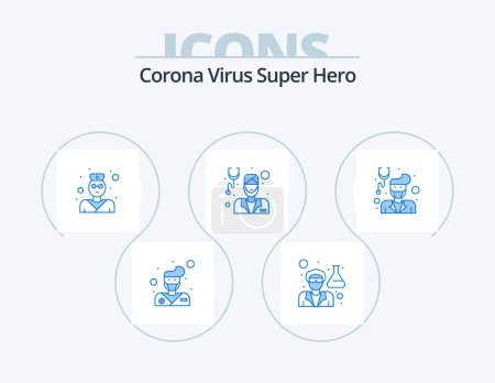 Ilustración de Corona Virus Super Hero Blue Icon Pack 5 Icon Design. avatar. Hombre. Médico. doctor. barba - Imagen libre de derechos