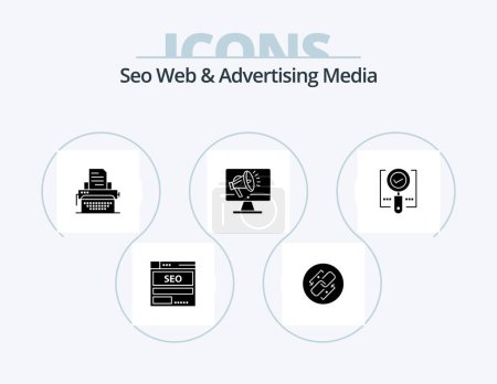 Téléchargez les illustrations : Seo Web et publicité médias Glyph Icon Pack 5 Icône Design. haut-parleur. haut-parleur. url. publier. typage - en licence libre de droit