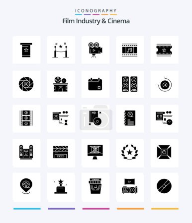 Téléchargez les illustrations : Pack d'icônes Creative Cenima 25 Glyph Solid Black, comme les billets de cinéma. bande de film. caméra. bobine de film. animation - en licence libre de droit