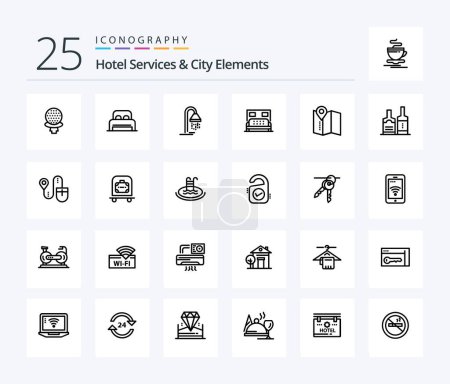 Téléchargez les illustrations : Services de l'hôtel et City Elements Pack icône 25 Line avec carte. service. salle de bains. dans la chambre. hôtel - en licence libre de droit