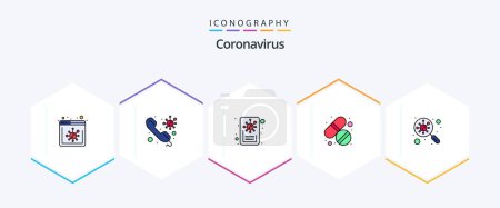 Téléchargez les illustrations : Coronavirus 25 FilledLine icône pack y compris trouver. soins. nouvelles. comprimé. médecine - en licence libre de droit