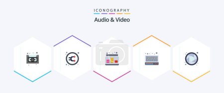 Ilustración de Audio y vídeo 25 Pack de iconos planos con cámara. música. barajar. Mezclador. música - Imagen libre de derechos
