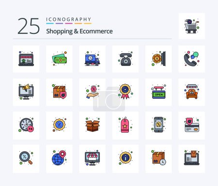 Téléchargez les illustrations : Shopping And Ecommerce 25 Line Filled icon pack including payment. coin. schedule. communication. phone - en licence libre de droit