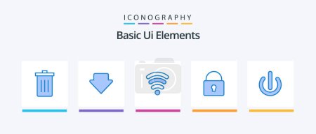 Téléchargez les illustrations : Basic Ui Elements Blue Pack de 5 icônes Inclus. bouton. wifi. connexion. sécurité. Icônes créatives Design - en licence libre de droit