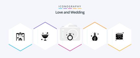 Téléchargez les illustrations : Wedding 25 Glyph icon pack including calendar. research. gift diamond. lab. drink - en licence libre de droit