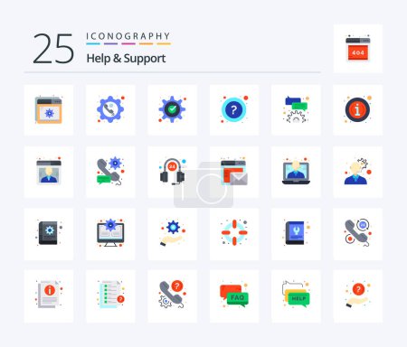 Téléchargez les illustrations : Help And Support 25 Flat Color icon pack including support. faq. phone. gear - en licence libre de droit