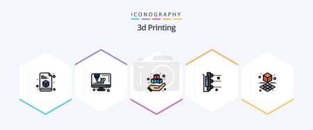Illustration for 3d Printing 25 FilledLine icon pack including cube. scanner. printing. machine. factory - Royalty Free Image