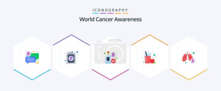 Téléchargez les illustrations : World Cancer Awareness 25 Pack d'icônes plates incluant les symptômes. poumon. du vin. maladie. verre - en licence libre de droit