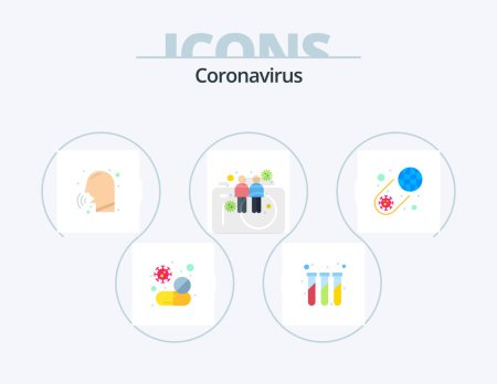 Téléchargez les illustrations : Coronavirus Flat Icon Pack 5 Icon Design. émetteurs. se répandre. éprouvettes. coronavirus. toux - en licence libre de droit
