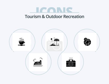 Téléchargez les illustrations : Tourism And Outdoor Recreation Glyph Icon Pack 5 Icon Design. globe. location. tea. vacation. beach - en licence libre de droit
