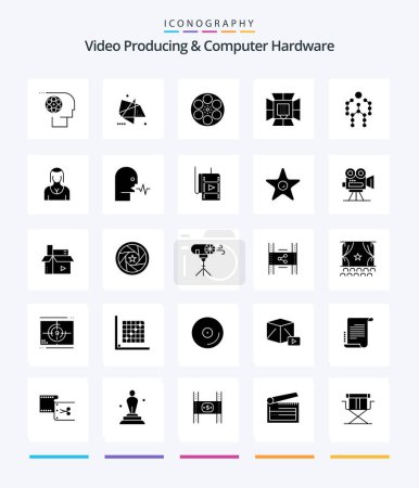 Illustration for Creative Video Producing And Computer Hardware 25 Glyph Solid Black icon pack  Such As lighting. illumination. motion. tape. reel - Royalty Free Image