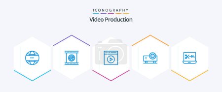Illustration for Video Production 25 Blue icon pack including slide projector. powerpoint presentation. special. multimedia. video play - Royalty Free Image