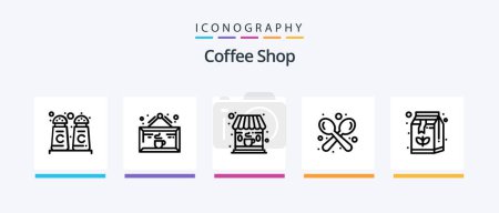 Téléchargez les illustrations : Coffee Shop Line 5 Icon Pack Including coffee. shop. table. label. shop. Creative Icons Design - en licence libre de droit