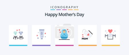 Téléchargez les illustrations : Happy Mothers Day Flat 5 Icon Pack Y compris l'amour. coeur. Enfant. Maman ! Maman ! Icônes créatives Design - en licence libre de droit