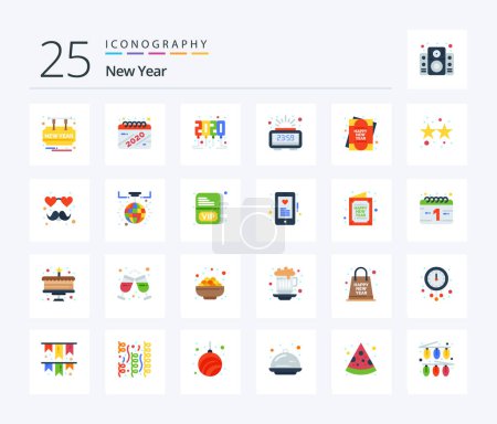 Téléchargez les illustrations : New Year 25 Flat Color icon pack including new year. card. celebration. time. count down - en licence libre de droit