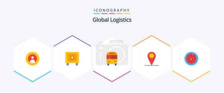 Téléchargez les illustrations : Global Logistics 25 Pack icône plat, y compris le monde. emplacement. logistique. global. logistique - en licence libre de droit
