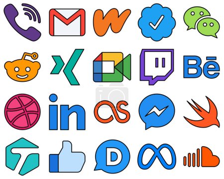 Illustration for 20 Clean Line Filled Social Media Icons such as behance. twitter verified badge. video and xing Fully customizable and premium - Royalty Free Image