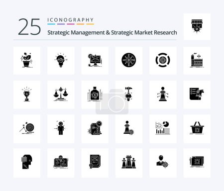 Illustration for Strategic Management And Strategic Market Research 25 Solid Glyph icon pack including dart. navigator. chemical. navigation. compass - Royalty Free Image