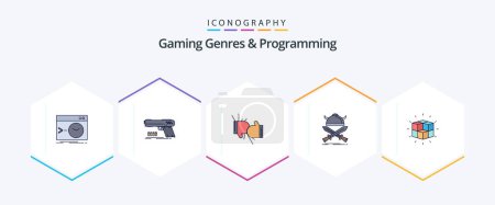 Illustration for Gaming Genres And Programming 25 FilledLine icon pack including viking. battle. shooter. gloves. competition - Royalty Free Image