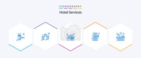 Illustration for Hotel Services 25 Blue icon pack including reception. hotel. camera. male manager. lift - Royalty Free Image