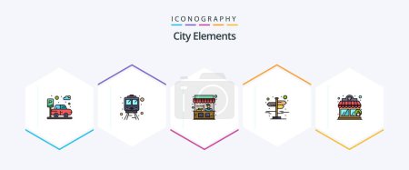 Téléchargez les illustrations : City Elements 25 FilledLine icon pack including . coffee shop. stand. coffee house. street - en licence libre de droit