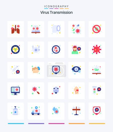 Téléchargez les illustrations : Transmission créative de virus 25 Pack d'icône plat tel que le diagnostic. vaccin. nettoyage. compte-gouttes. médicament - en licence libre de droit