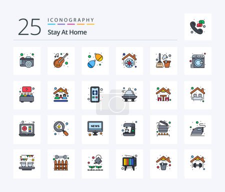 Téléchargez les illustrations : Stay At Home 25 Line Filled icon pack including home. bucket. balloon. stay. home - en licence libre de droit