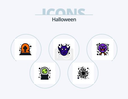 Téléchargez les illustrations : Conception d'icône remplie par ligne d'Halloween de paquet 5 d'icône. visage. Effrayant. Sacré couteau. vacances. célébration - en licence libre de droit