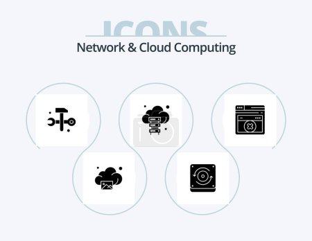 Téléchargez les illustrations : Network And Cloud Computing Glyph Icon Pack 5 Icon Design. errortechnology. web page. databases. technology. server - en licence libre de droit