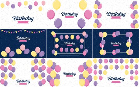 Téléchargez les illustrations : Happy Birthday in a playful. bubbly font with a background of balloons and party streamers - en licence libre de droit