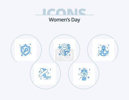 Téléchargez les illustrations : Womens Day Blue Icon Pack 5 Icon Design. ribbon. flower. roses. eight. protection - en licence libre de droit