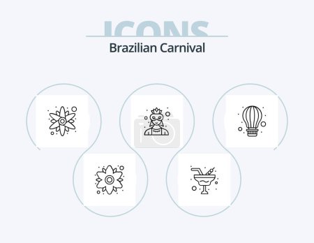 Téléchargez les illustrations : Carnaval brésilien ligne Icône Pack 5 Icône Design. mascarade. carnaval. collier. l'air chaud. ballon - en licence libre de droit