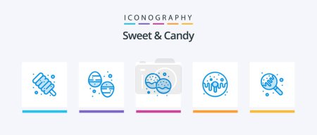 Téléchargez les illustrations : Sweet And Candy Blue Pack de 5 icônes comprenant des bonbons. la nourriture. dessert. beignet. dessert. Icônes créatives Design - en licence libre de droit