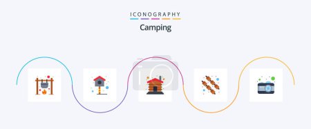 Téléchargez les illustrations : Camping Flat 5 Icon Pack Incluant photo. caméra. La maison. Gentil. produits alimentaires - en licence libre de droit