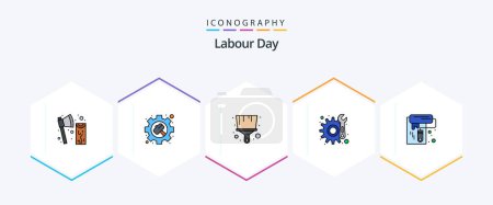 Illustration for Labour Day 25 FilledLine icon pack including roller. wall paint. settings. repair. gear - Royalty Free Image