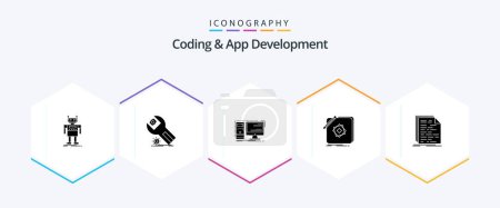 Illustration for Coding And App Development 25 Glyph icon pack including logo. design. maintenance. system. hardware - Royalty Free Image