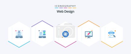 Illustration for Web Design 25 Flat icon pack including searching. magnify glass. color wheel. magnifier. write - Royalty Free Image