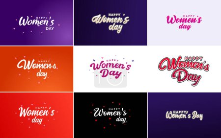 Ilustración de Abstract Happy Women's Day logo with a woman's face and love vector design in pink and black colors - Imagen libre de derechos