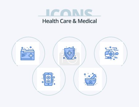 Ilustración de Cuidado de la salud y médico Blue Icon Pack 5 Icon Design. .. Un helicóptero. salud. ambulancia. atención médica - Imagen libre de derechos