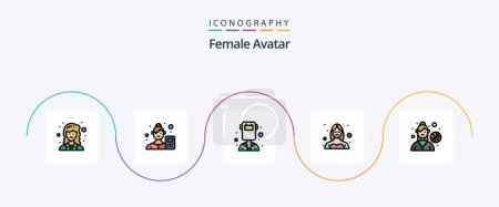 Téléchargez les illustrations : Femme Avatar Line rempli plat Pack de 5 icônes Y compris l'utilisateur. femelle. scientifique des données. danseuse. soudeur - en licence libre de droit