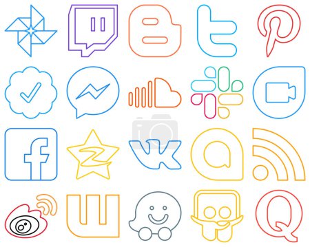 Illustration for 20 Stylish Colourful Outline Social Media Icons such as fb. google duo. messenger. slack and sound Creative and eye-catching - Royalty Free Image