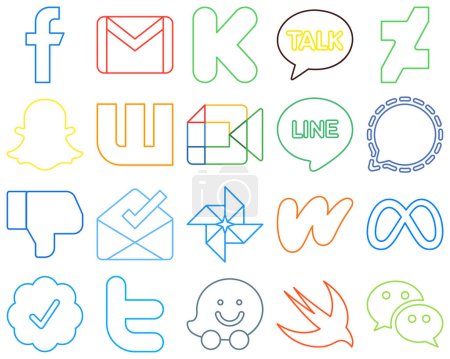 Illustration for 20 Professional Colourful Outline Social Media Icons such as mesenger. line. kakao talk and google meet High-quality and modern - Royalty Free Image