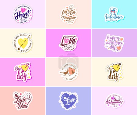 Téléchargez les illustrations : Love-Filled Valentine's Day Typography Stickers - en licence libre de droit