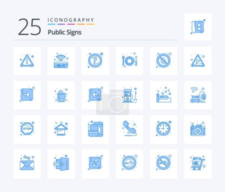 Ilustración de Carteles públicos Paquete de iconos de 25 colores azules incluyendo agua. ¡No! pregunta. Caída. hotel - Imagen libre de derechos