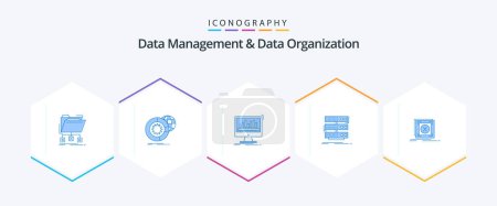 Illustration for Data Management And Data Organization 25 Blue icon pack including rack. server. globe. stats. dashboard - Royalty Free Image