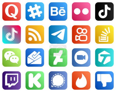 Téléchargez les illustrations : 20 Icônes modernes des médias sociaux tels que le débordement de stock. vidéo. messager et nourrir les icônes. Attirer les yeux et modifiable - en licence libre de droit