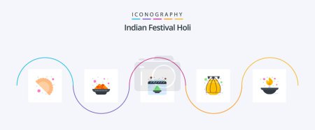 Illustration for Holi Flat 5 Icon Pack Including lamp. fire. date. light. pot - Royalty Free Image